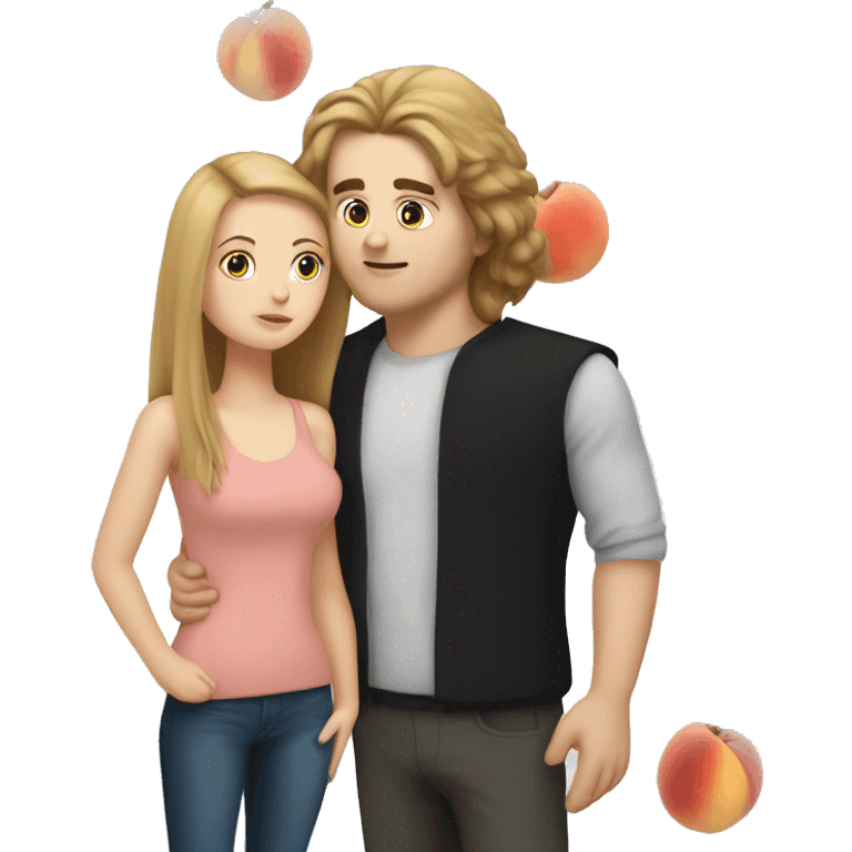 A white girl with a black square kisses a tall white guy with brown hair. There are peaches all around emoji