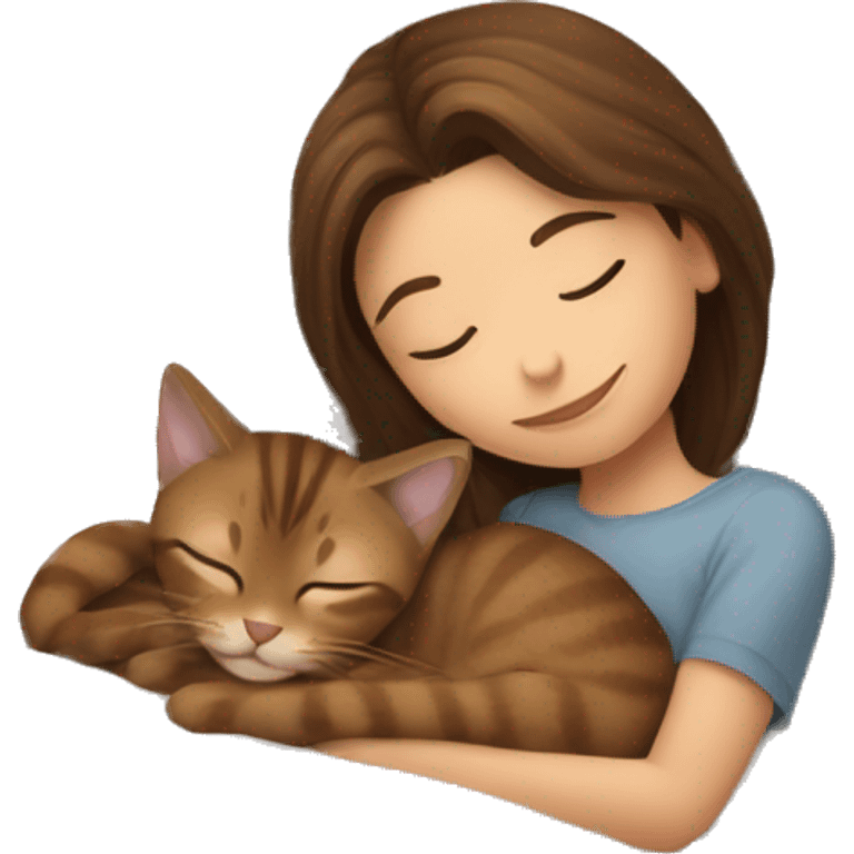 brown haired girl sleeping with tabby brown cat in bed emoji