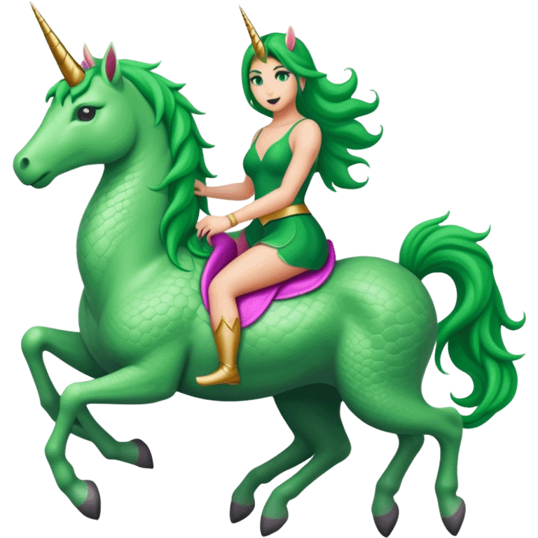 reptilian green woman, rides unicorn
 emoji