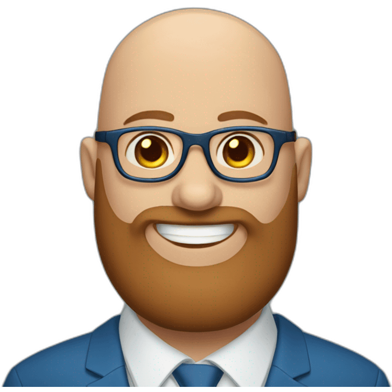 blue-eyed fat smiling bald man with a long brown beard in a blue suit with glasses emoji