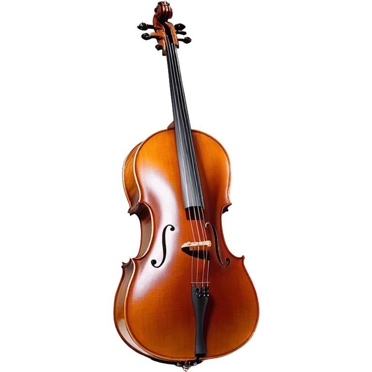 Create a refined and detailed emoji representing a Cremona cello with a bow. The design should feature the smooth, polished wooden body of the cello with a deep, rich tone color. The strings and tuning pegs should be visible, emphasizing the instrument's fine craftsmanship. Add a delicate bow placed gently across the strings, with intricate detailing on the hair and frog. Include subtle musical notes around the cello to evoke the graceful, classical sound. Use warm wood tones and accents like gold and silver for a professional, elegant look. The background should be transparent. emoji