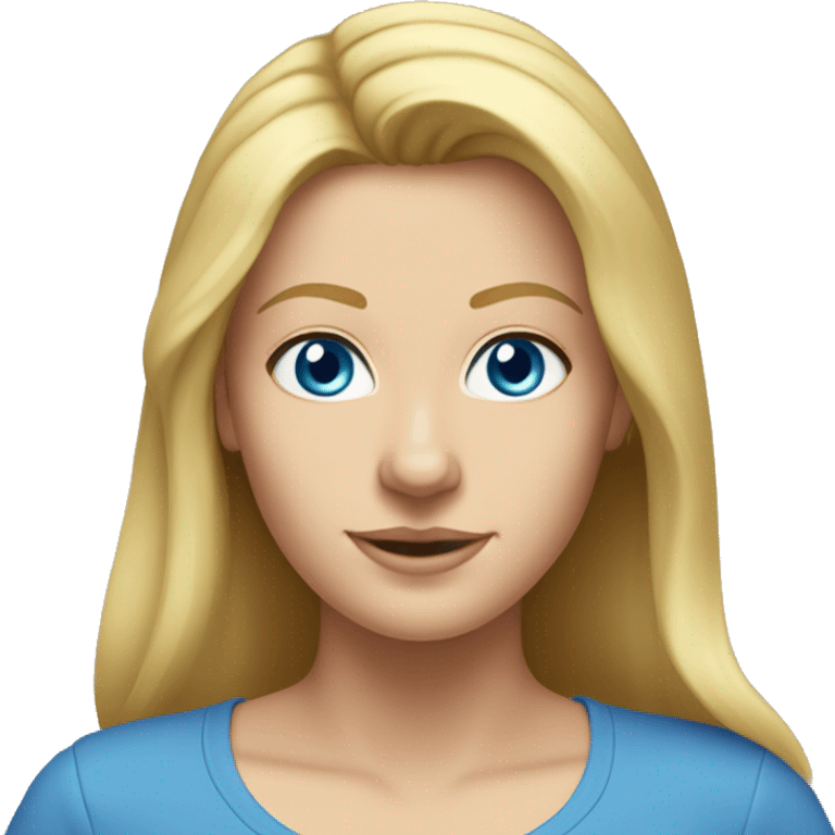 A head and shoulders shot of a 32 year old Caucasian woman, with long blonde hair,   with blue eyes wearing a t-shirt. emoji