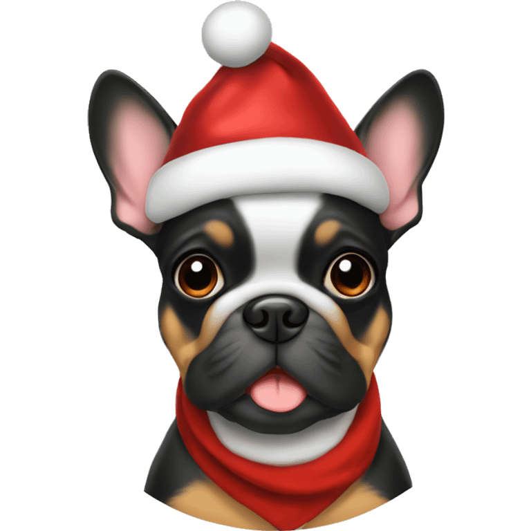 Black and tan frenchie wearing Santa hat emoji