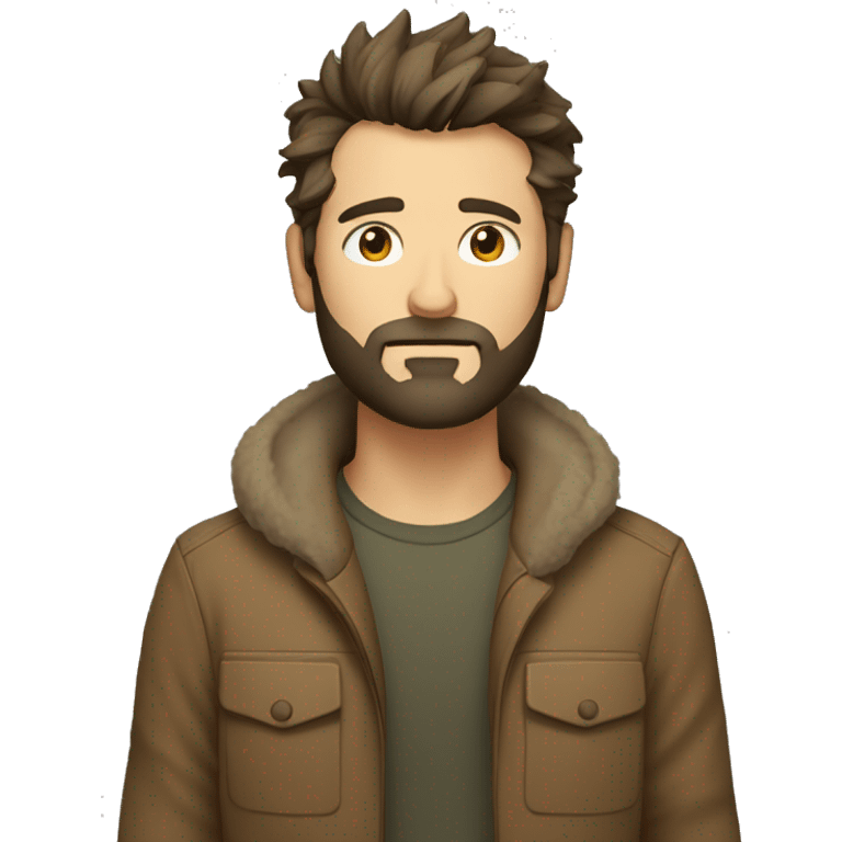 Seeious looking man with short straigh, messy hair and scruffy beard. He looks tired. Wears a brown jacket, no tie. emoji