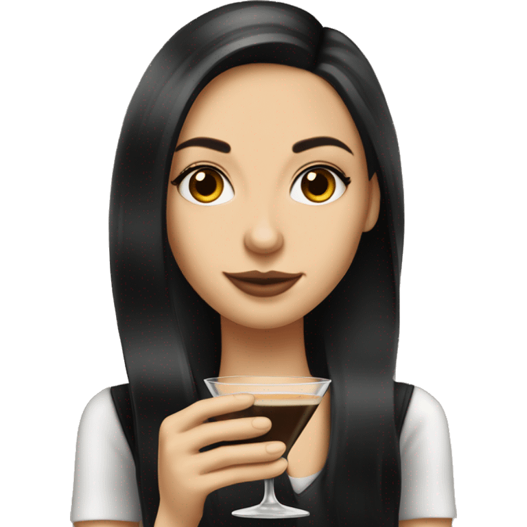 Caucasian girl with long black hair holding an espresso martini emoji