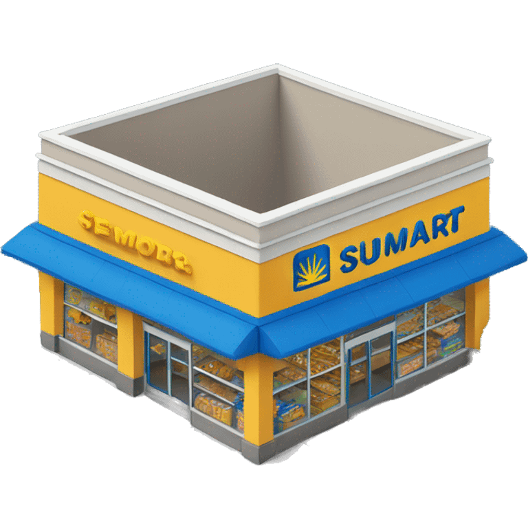 “Walmart store with a simple, recognizable design, featuring the iconic sunburst logo, blue and yellow color scheme, and storefront details that convey a large retail environment.” emoji