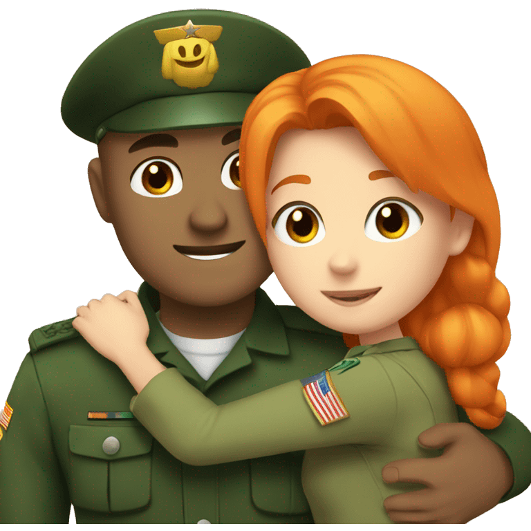 a orange hair girl hugs, a dark haired white man in a green military uniform emoji