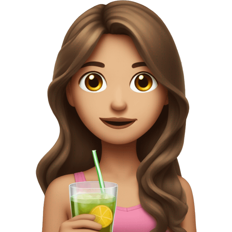 Dizzy cute girl with long brown hair holding a cocktail emoji