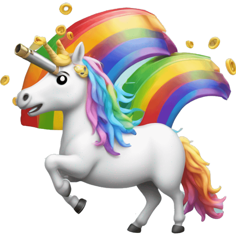 unicorn with a shotgun barrel as a horn throwing up a rainbow emoji