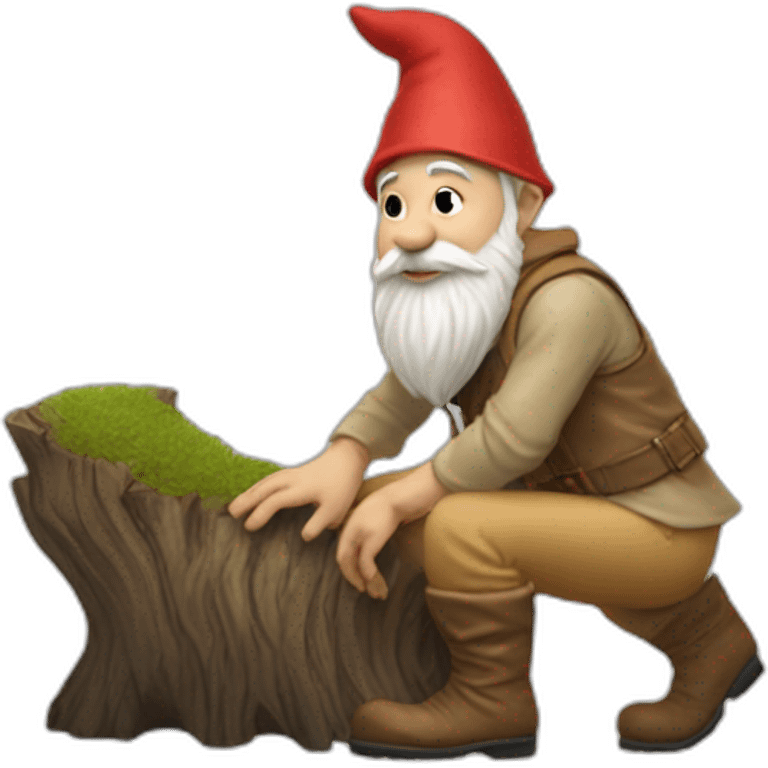 side view of gnome with light tan pants and light tan boots squatting near small brown log emoji