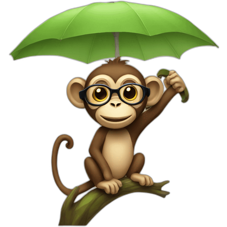 Monkey with glasses and umbrella on tree emoji