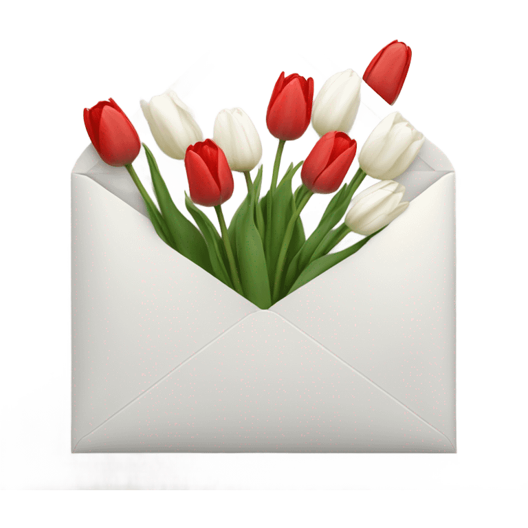 White-ish enevelope with 4 red tulips and 4 white tulips in emoji