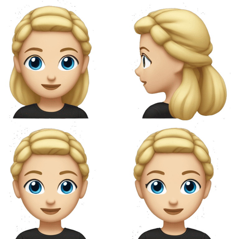 a woman with freckles, blue eyes, light skin, blonde straight hair with a bun. black shirt. emoji