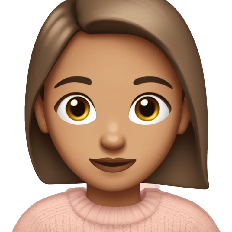 Straight down brown hair,blue eyes, long eyelashes,with peach/tanned  skin in a light pink jumper  emoji