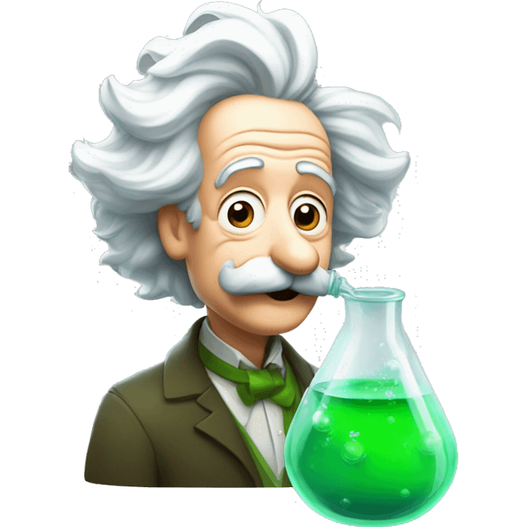 Albert Einstein with conical flask next to him with bubble green liquid inside it in Pixar style emoji