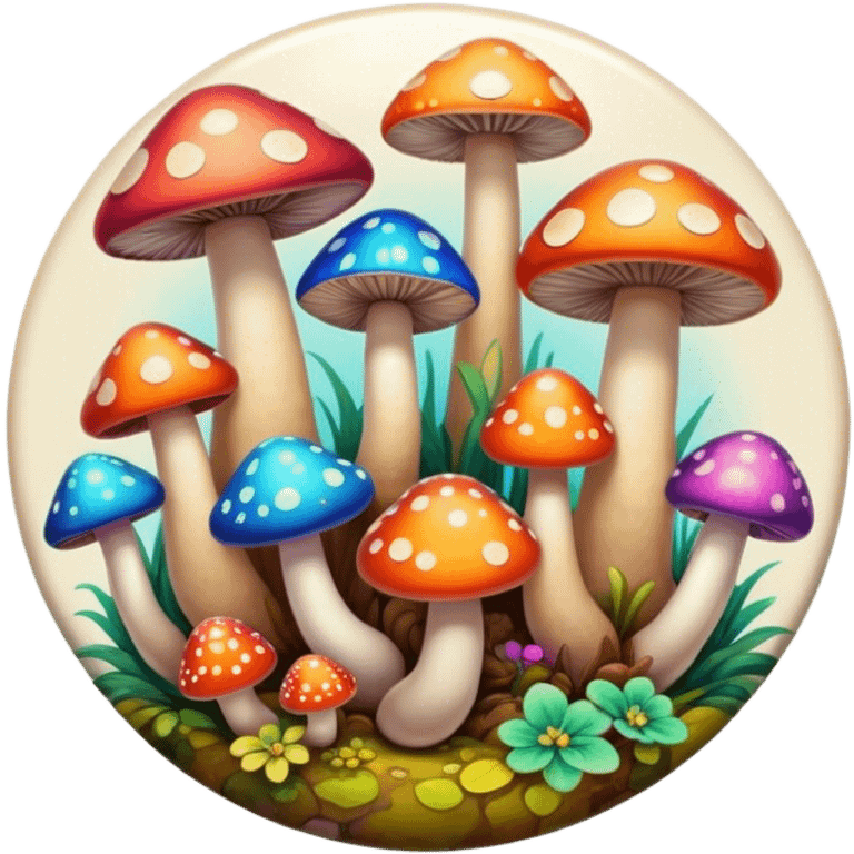 A round psychedelic colored button with bezeled edges and colorful hippie style mushrooms emoji