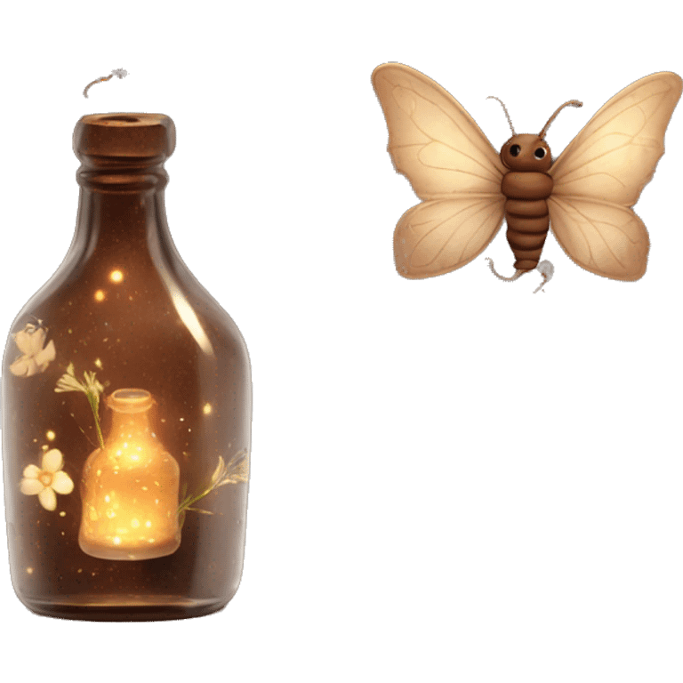 Brown magic fairy light sparkling old Antique bottle with poison and with herbal and flowers emoji