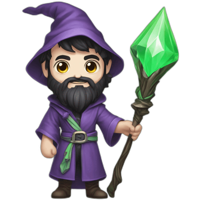 Little mage. Happy. Green cloths. Young look. Black beard. White pale skin. Magical Stick in hands with top diamond purple. emoji