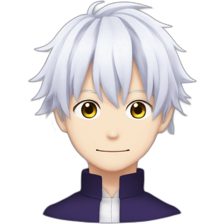 Satoru Gojo with his blue eyes,long medium white hair, a big friendly smile, dark violet uniform from jujutsu kaisen emoji