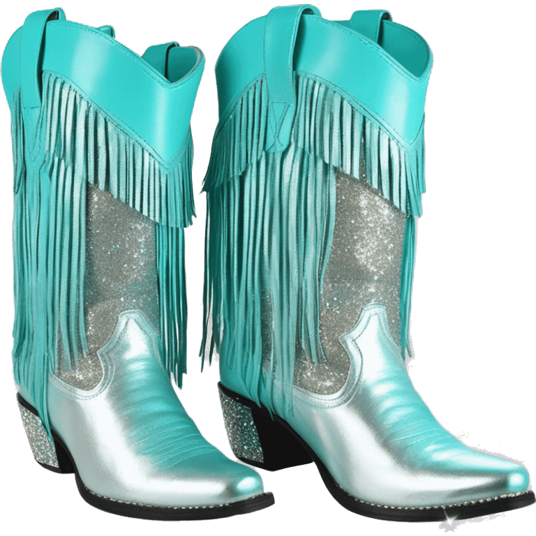 Realistic silver and pastel tiffany blue ombre pair of fashion cowgirl boots with sparkly shiny glitter fringe on them. emoji