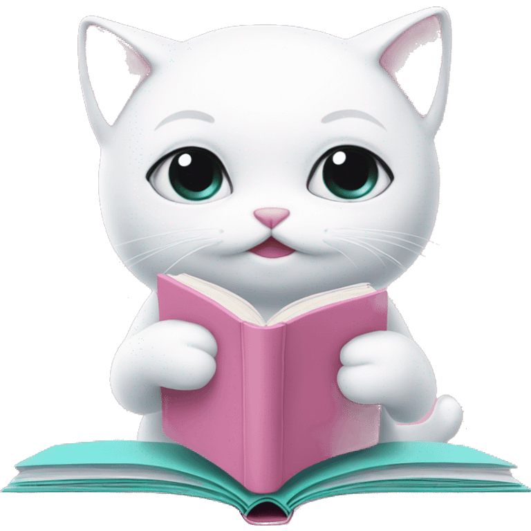 White cat is reading soft pink book emoji