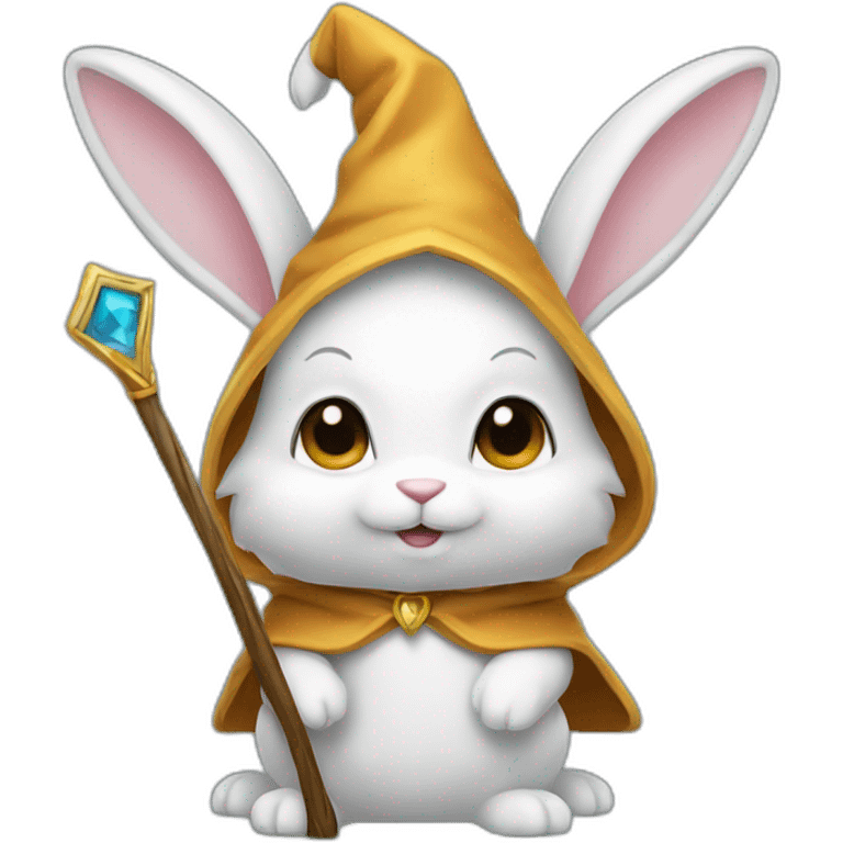 White wizard bunny with big ears, cloak, staff and hat emoji