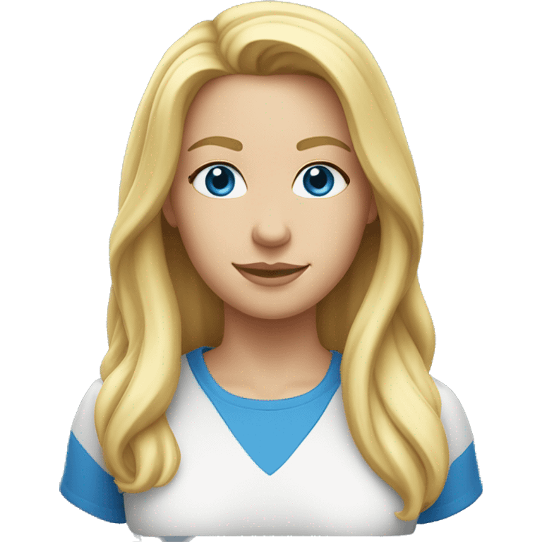 A head and shoulders shot of a 32 year old Caucasian woman, with long blonde hair,   with blue eyes wearing a t-shirt. emoji