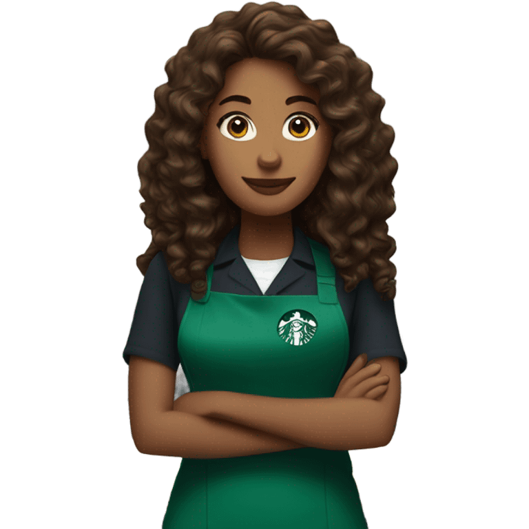 white female starbucks barista with long curly brown hair and blue eyes emoji