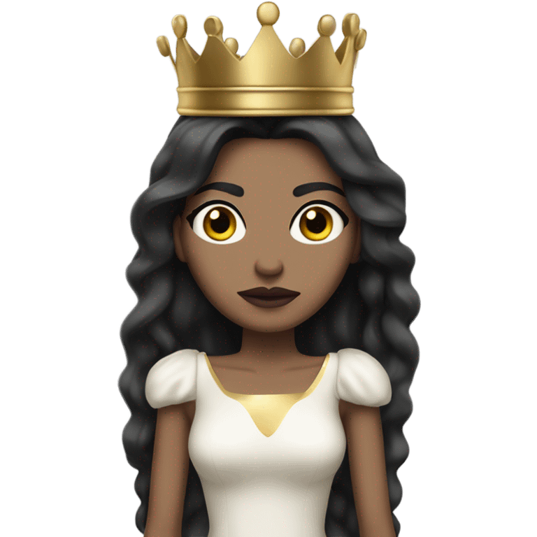 Queen with light to medium skin, long black hair,  mauve lips, skinny gold crown, white dress, and blank stare. emoji