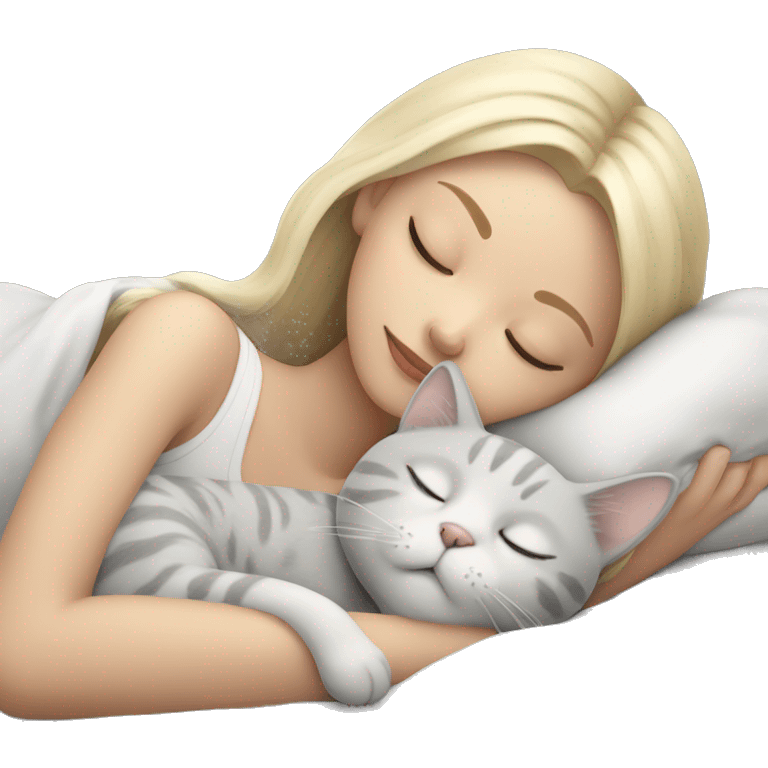 Blonde girl sleeping with grey and white small cat emoji