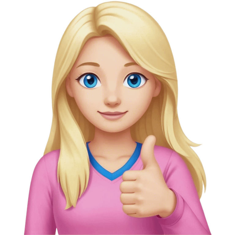 Pretty Blonde with long hair model, blue eyes In pink clothes, thumbs up emoji