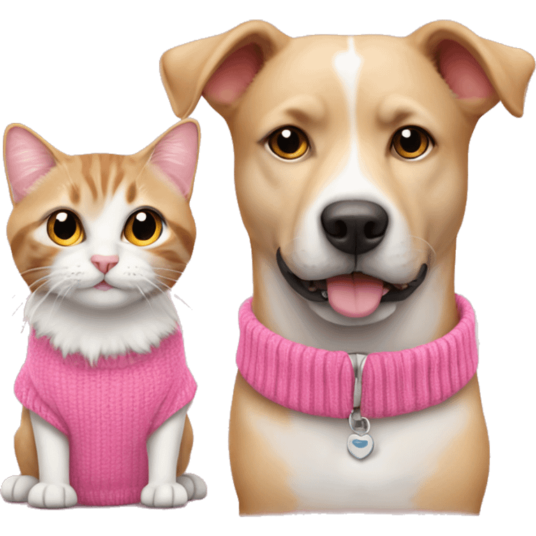 Cute dog and cat in pink sweaters wearing collars emoji