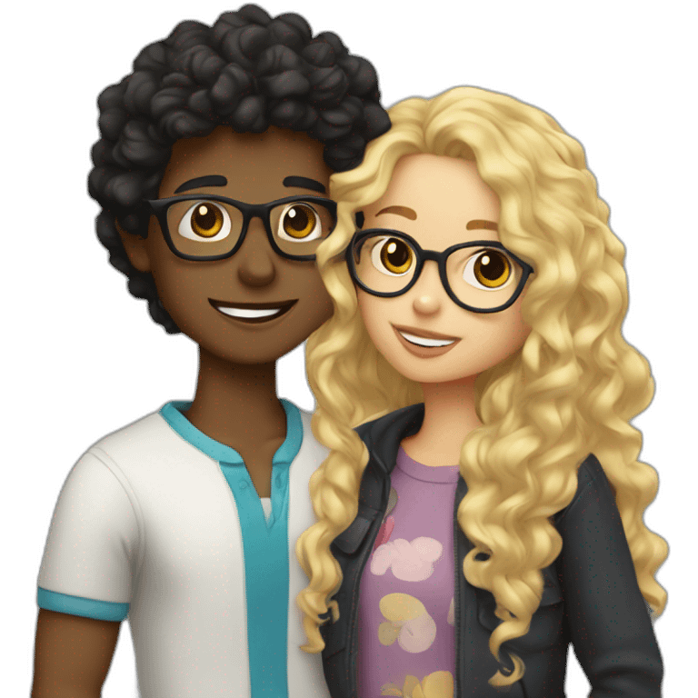 boy with curly blonde hair and glasses kissing girl with wavy black hair and glasses emoji