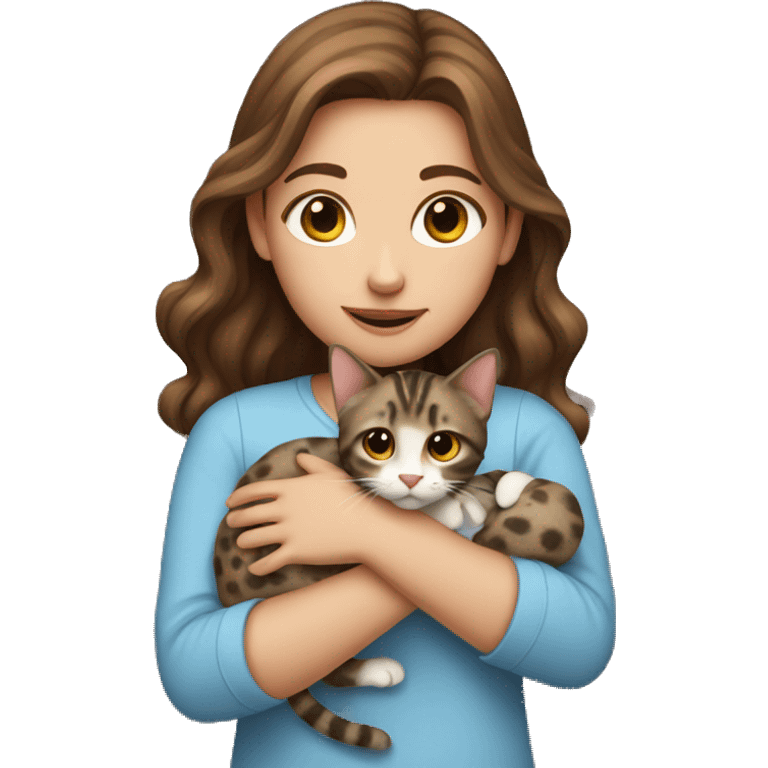 girl with brown hair holding a spotted cat in her hands emoji