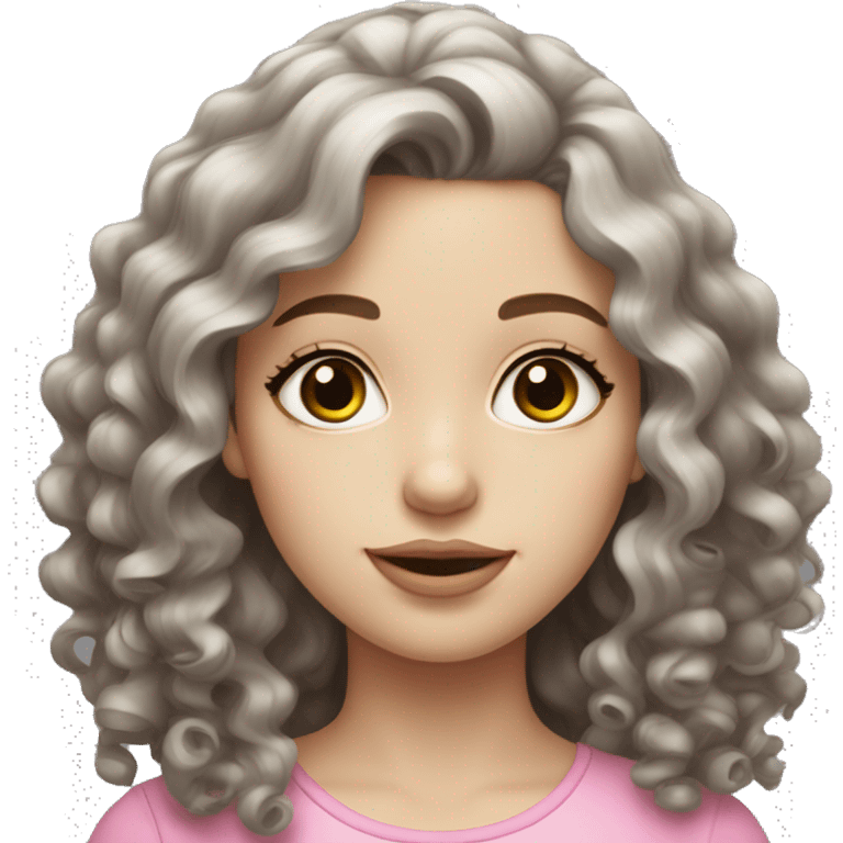 girl with pale skin, gray eyes, long curly brown hair with pink lips emoji