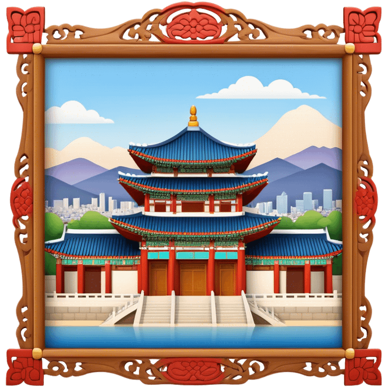 Cinematic Realistic Gyeongbokgung Palace Landmark Emoji, rendered with traditional Korean architecture, ornate wooden carvings, and vibrant colors, set against the backdrop of modern Seoul with soft evening light. emoji