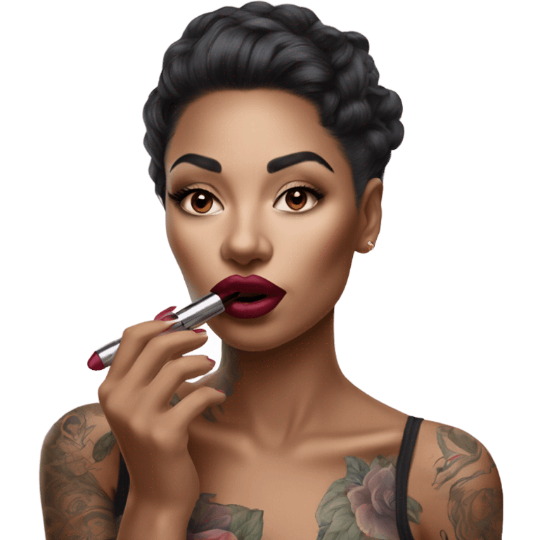 Hyper Realistic Beautiful lightly tattooed woman applying her lipstick  emoji