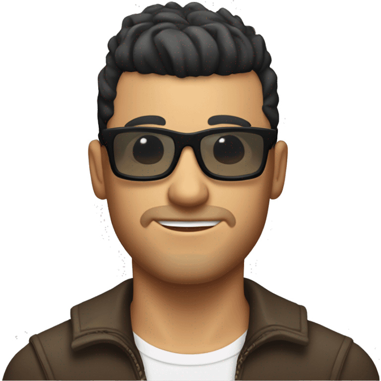 A tanned handsome white man with black short hair, dark glasses and a small beard, a small mohawk hairstyle emoji