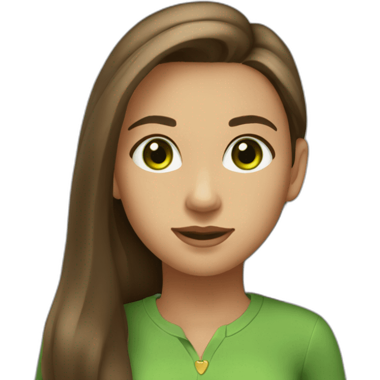 Cute girl with straight long brown hair, green eyes, gold earrings and a green shirt. She ist looking fabulous btw emoji