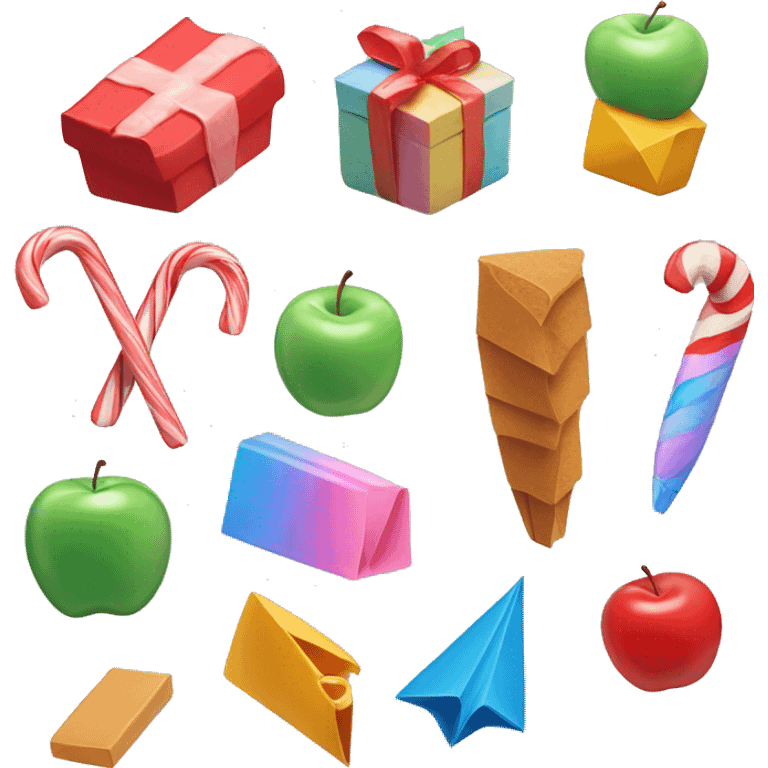 Building blocks, paper airplanes, candy canes, apples, bubblegum, butterscotch and dictionary  emoji