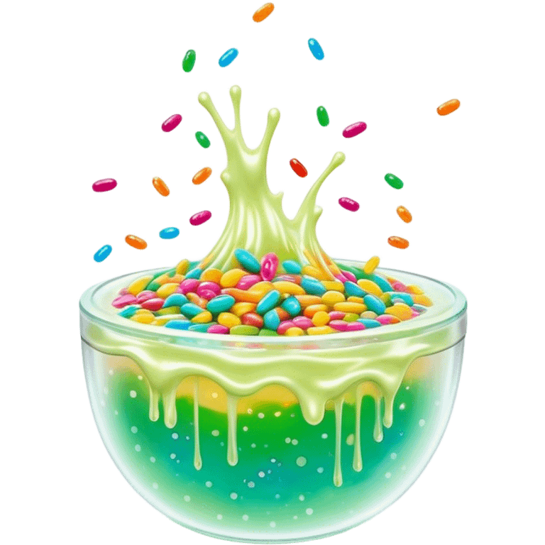 Cinematic Realistic Clear Slime Mixed with Sprinkles, ultra-transparent with suspended colorful candy-like specks, light refracting through each tiny piece, soft gelatinous texture catching highlights, stretching and bending in a mesmerizing way, glowing with a magical, almost surreal quality. emoji