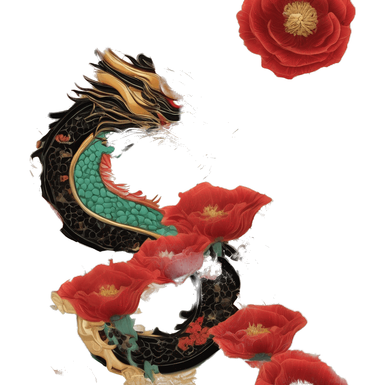 Intricate floral flower red and black and gold and jade dragon face with flowers poppies roses detailed emoji