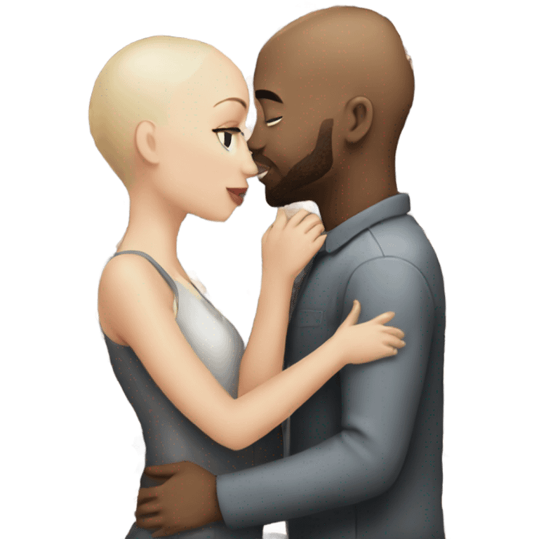 White girl dark hair kissing mixed bald man emoji