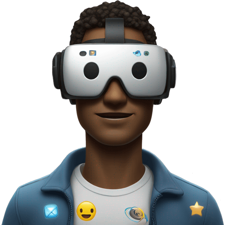 man in VR glasses surrounded by space and social network icons emoji