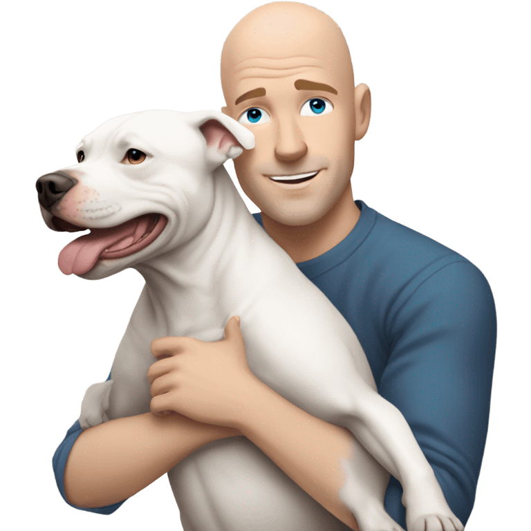 bald white man with blue eyes hugging grey pit bull emoji