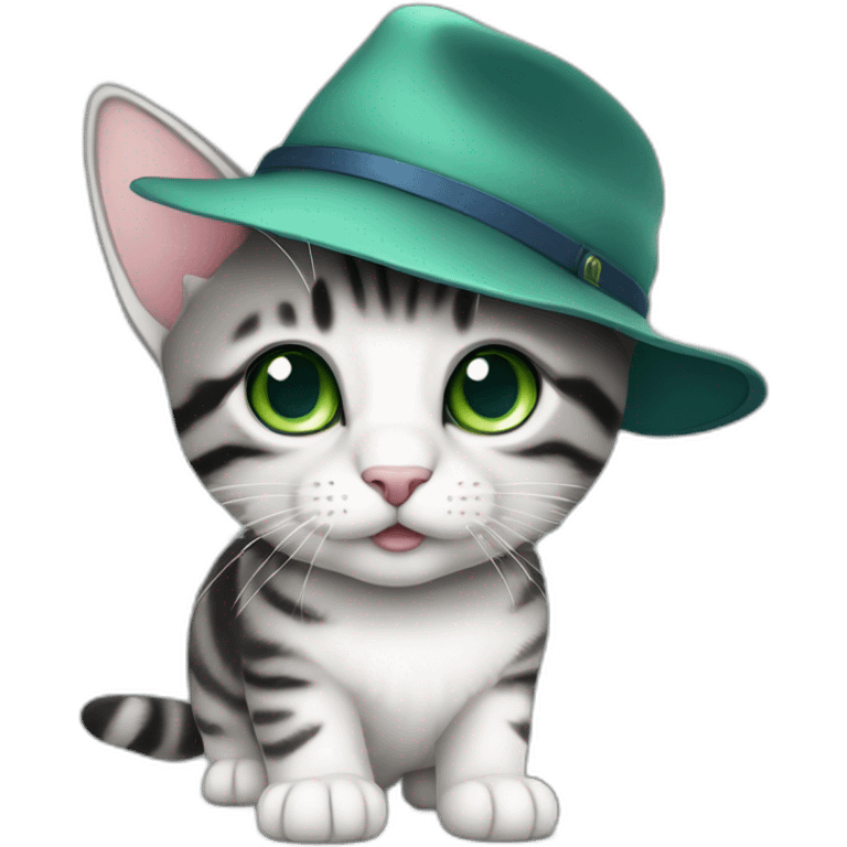 wearing-a-hat-cuddly-light-white-and-grey-domestic-shorthair-tabby-with-green-and-blue-eyes-black-pupils,-walking-and-playing emoji