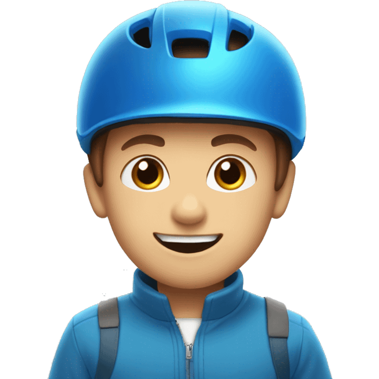 boy with blue eyes buck teeth and brown hair under his blue bicycle helmet and a pencil emoji