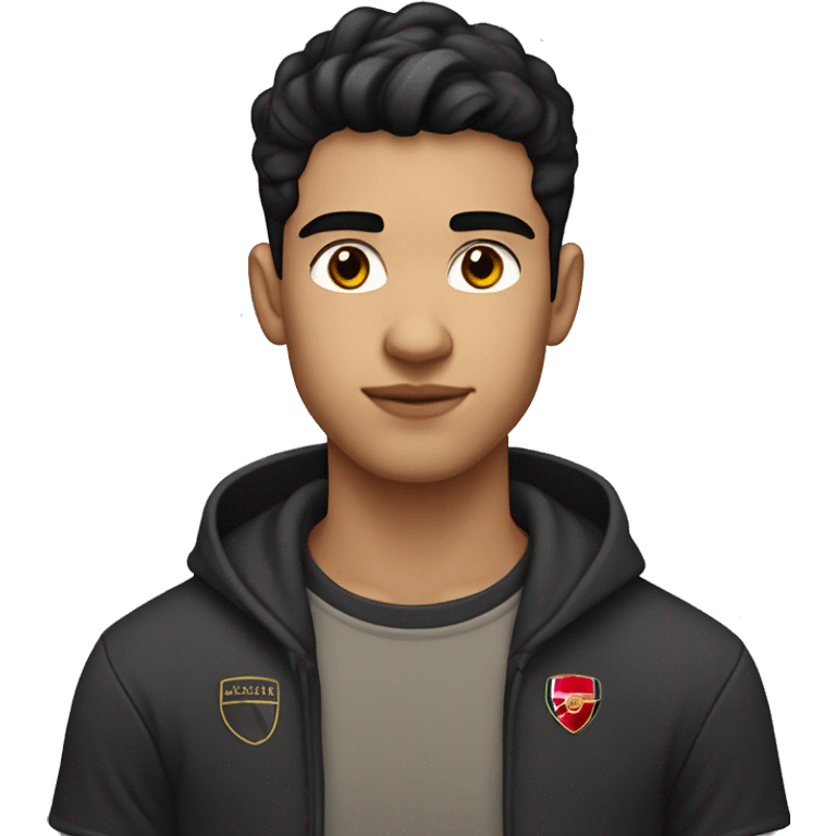 white skin 22 years old male with black hair and standard haircut also with brown eyes. Wearing an Arsenal t-shirt. Portrait mode emoji  emoji