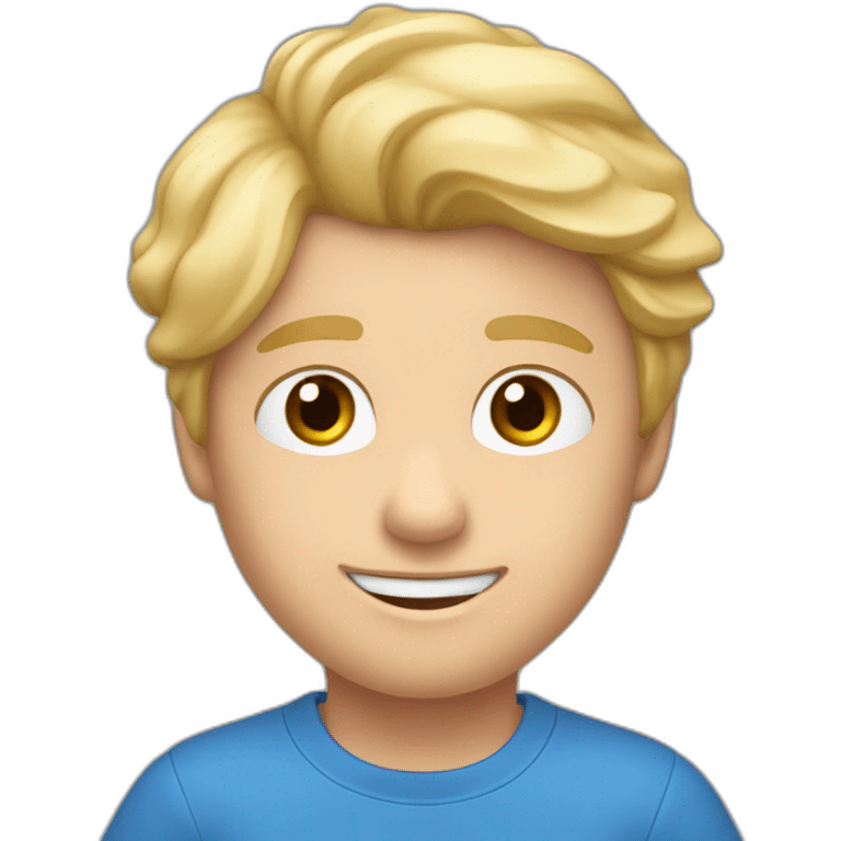 Jongen met blond haar blauwe ogen blauwe broek rood jasje en een wit t- shirt emoji