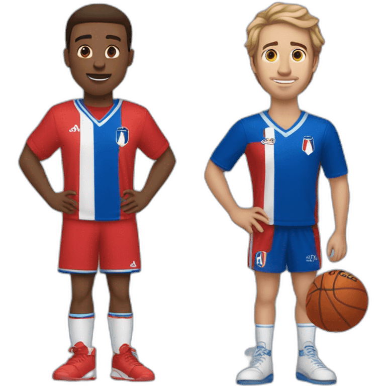 Two friends, a really tall one with short hair wearing a french blue jersey, and a shorter friend wearing a red moroccan jersey who got straight medium long hair emoji